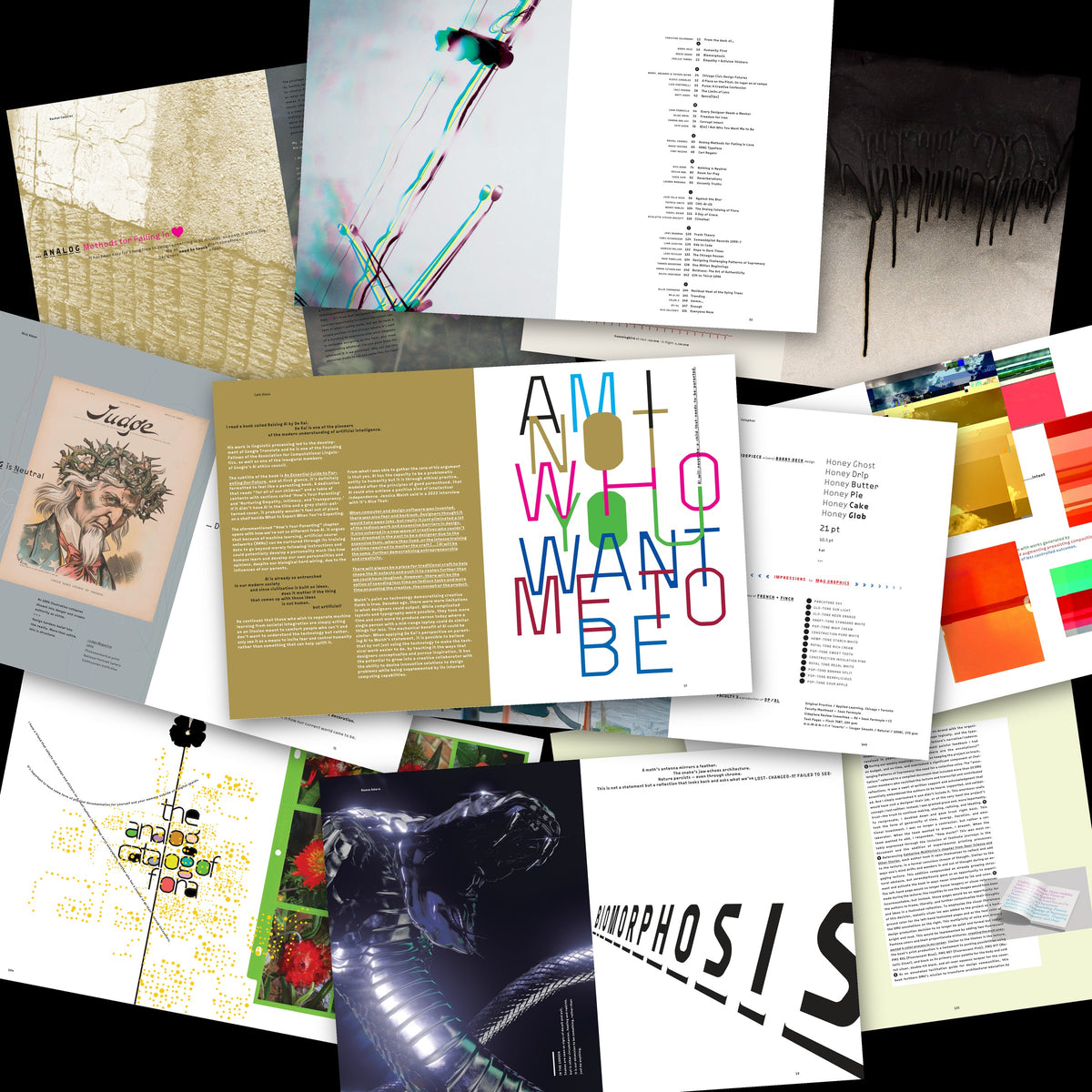 Faculty 3: ten spreads scattered, with Cath Dizon on Raising AI on top